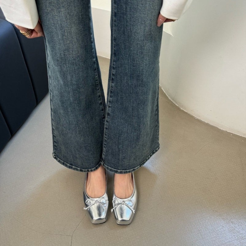 Fairy Style Gentle Shoes For Women 2025 Spring New Bow Square Toe Flats Shoes Silver Shallow Mouth Beanie Shoes - Image 5